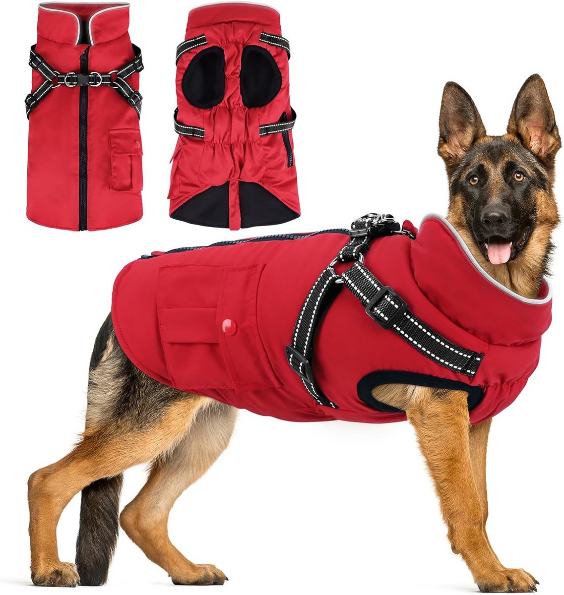 Waterdichte Winterjas voor Grote Hond - Warm en Winddicht - Met Reflectie en Harnasopening - Rood - 3XL