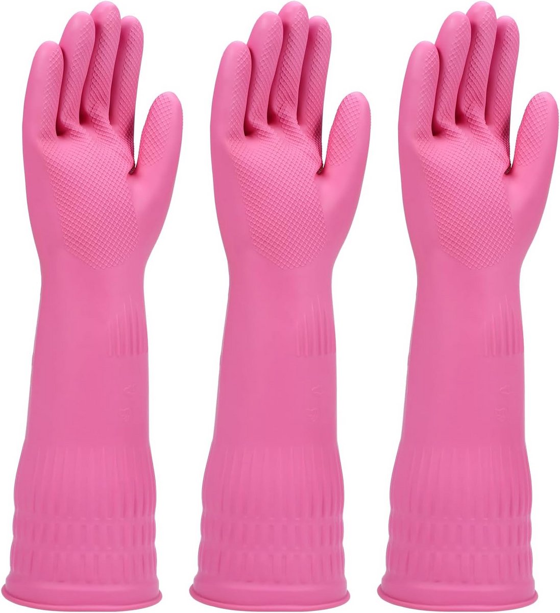 Set van 3 Duurzame Rubberen Afwas- en Poets-/Schoonmaakhandschoenen (Roze)