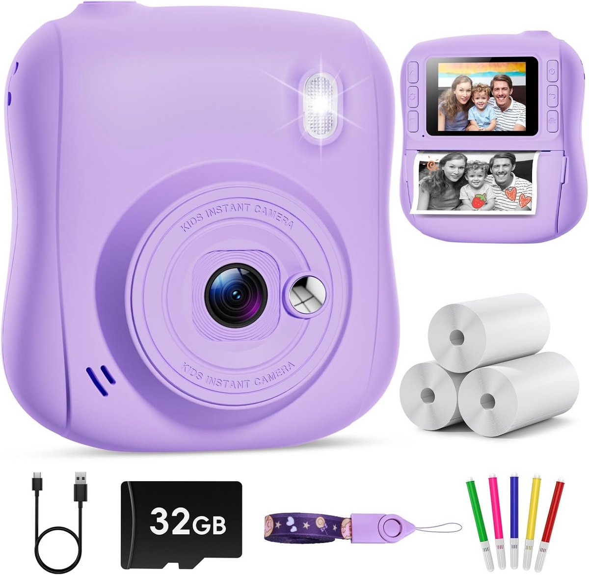 Instant Camera voor Kinderen met 32GB Kaart en Printpapier - HD Digitale Camera Cadeau