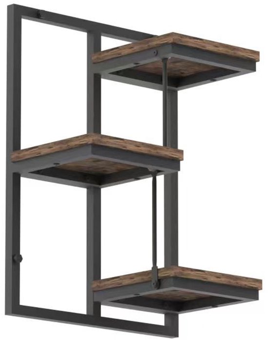Drielaags wandrek, industrieel design met zwart frame en bruine planken.