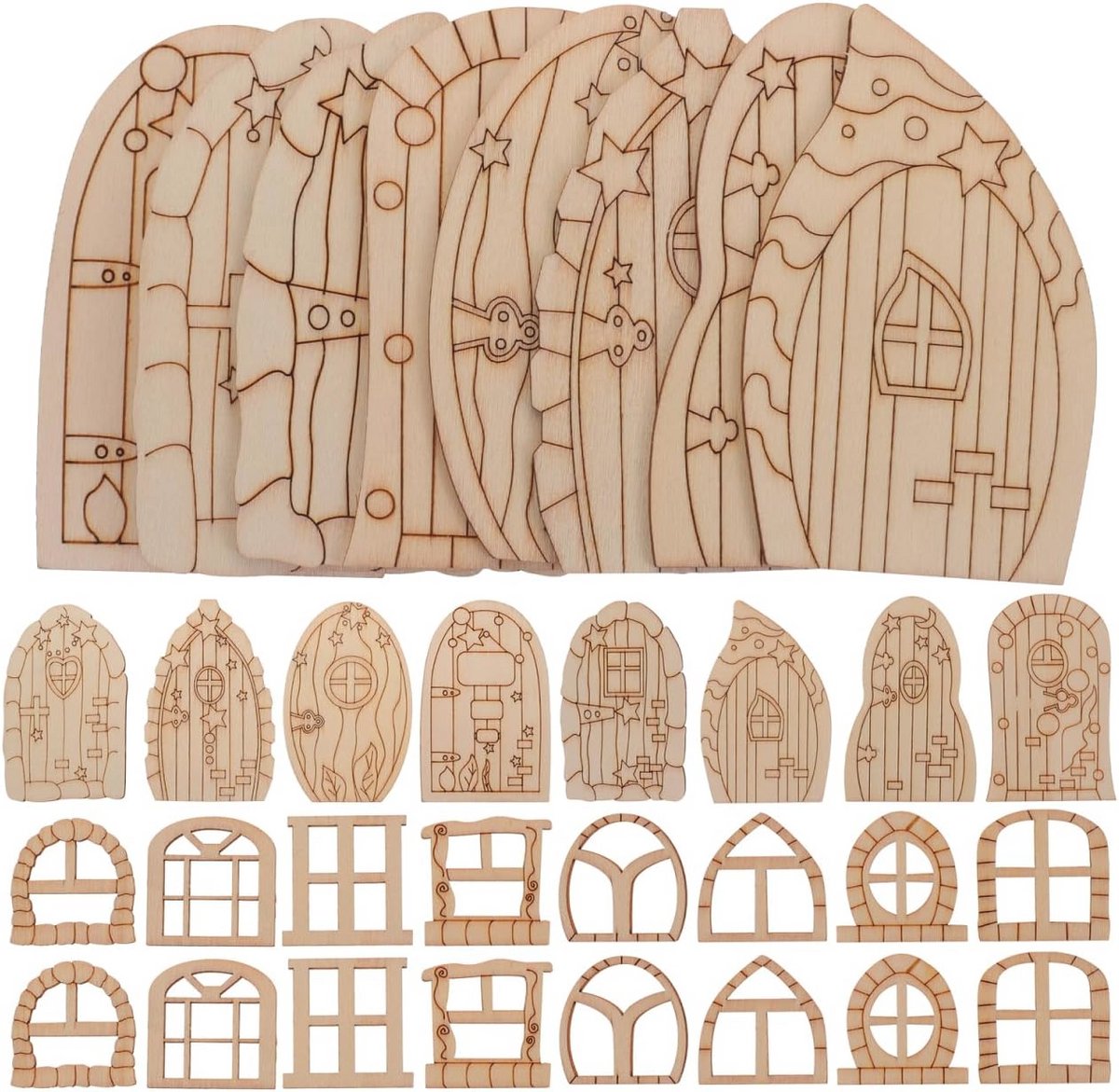 64 Stuks Miniatuur Houten Deuren en Raamaccessoires voor Feeënhuizen - DIY Knutselmateriaal