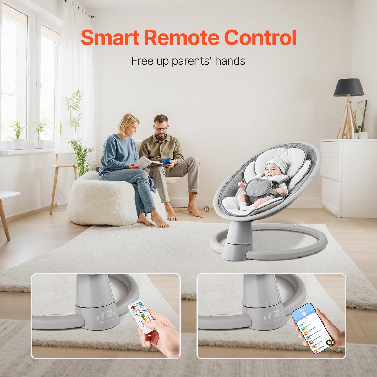 Draagbare babyschommel met 5 instelbare snelheden, afstandsbediening, touchscreen, Bluetooth-muziek, 10 slaapliedjes en 5-punts veiligheidsharnas voor baby's van 0-9 maanden tot 9 kg