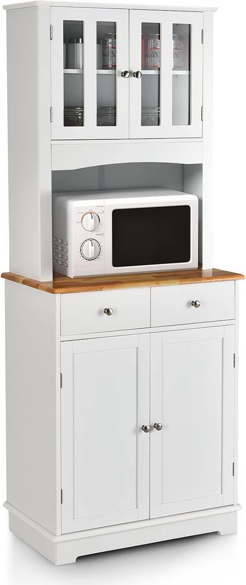 Keukenkast hoog - 170 cm buffetkast hout - hoge kast met 2 laden & verstelbare planken & glazen deuren & draadgat - keukenbuffet vrijstaand - buffet voor keuken eetkamer - wit