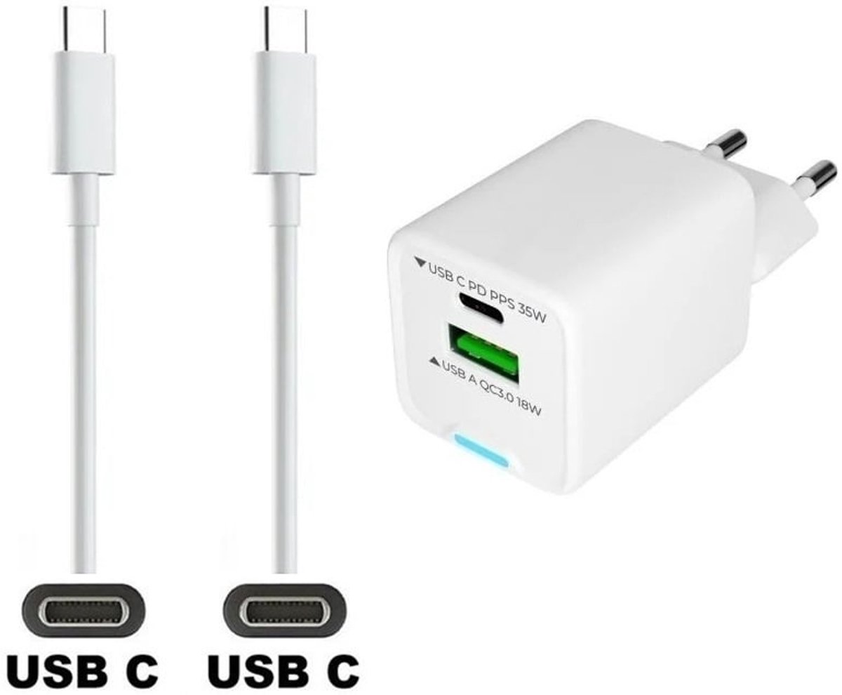 OneOne 35W super snellader met 2 poorten. Oplader met sterke 1,5m USB C naar C kabel. PD lader adapter past op Redmi Note 14 Pro, Note 14 Pro +, Turbo 4, Pad 6S Pro, Pad Pro 5G, Pad Pro, K70 Ultra, K80, K80 Pro, Xiaomi
