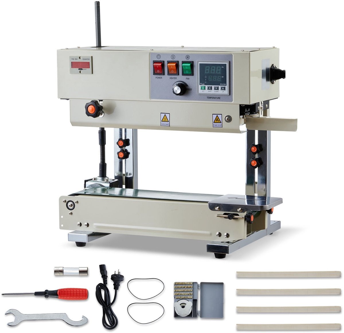Doorlopende bandsealer - Verticale sealmachine - Sealbreedte 6–12 mm - Met rolbedrukking - Instelbare temperatuur en snelheid - Voor plastic zakken 0,03–0,8 mm