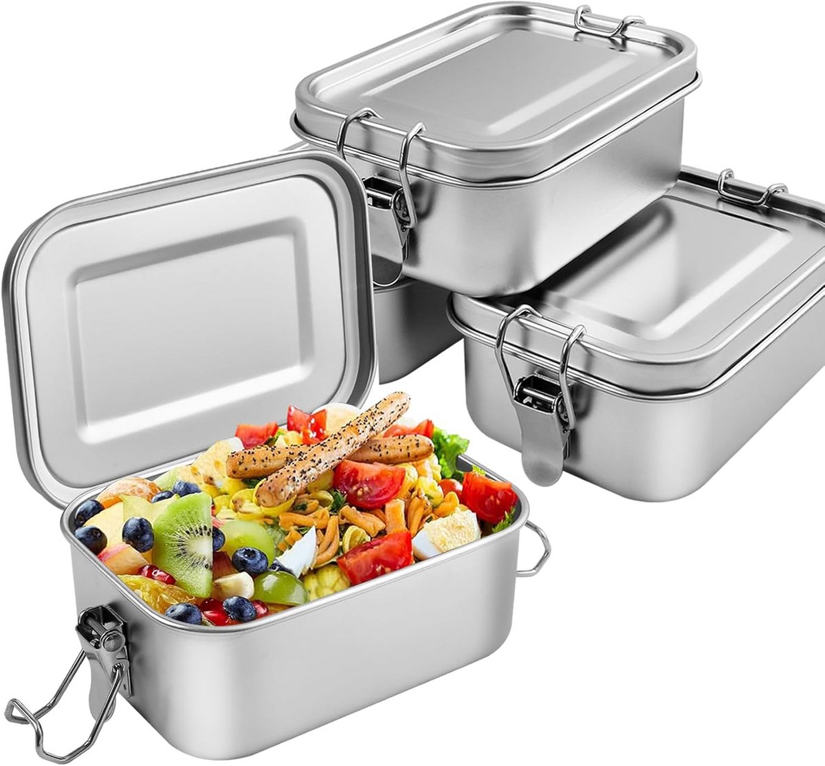 Set van 4 RVS Bento Boxen - Lekvrije Metalen Lunchtrommels met Clipsluiting