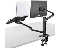 Viozon Monitor- en laptophouder, 2-in-1 verstelbare bureausteunen met dubbele arm, enkele bureau-armstandaard/houder voor 17 tot 32 inch LCD-computerschermen, extra lade voor laptops van 12 tot 17