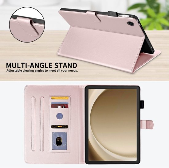 Roze PU lederen tablet hoesje, open met kaarthouders en tablet. Toont de multi-hoek standaard functie.