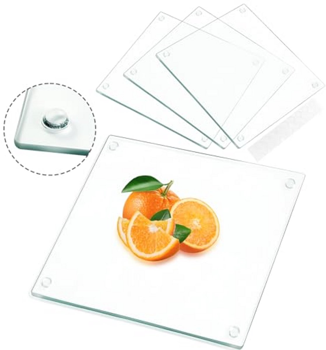 Vierkante snijplank van gehard glas met antislip pads - 4 stuks - hittebestendig