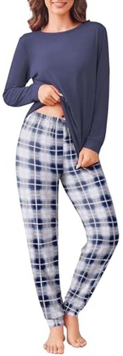 Zachte Damespyjama Sets met Lange Mouwen en Geruite Pyjamabroek