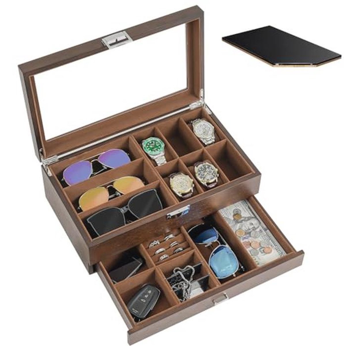 ProCase Wooden Jewelry Box for Men, 2 Tier Watch Holder and Sunglasses Box Organizer for Men, Display Cases with Clear Glass Top and Storage Drawer -Espresso