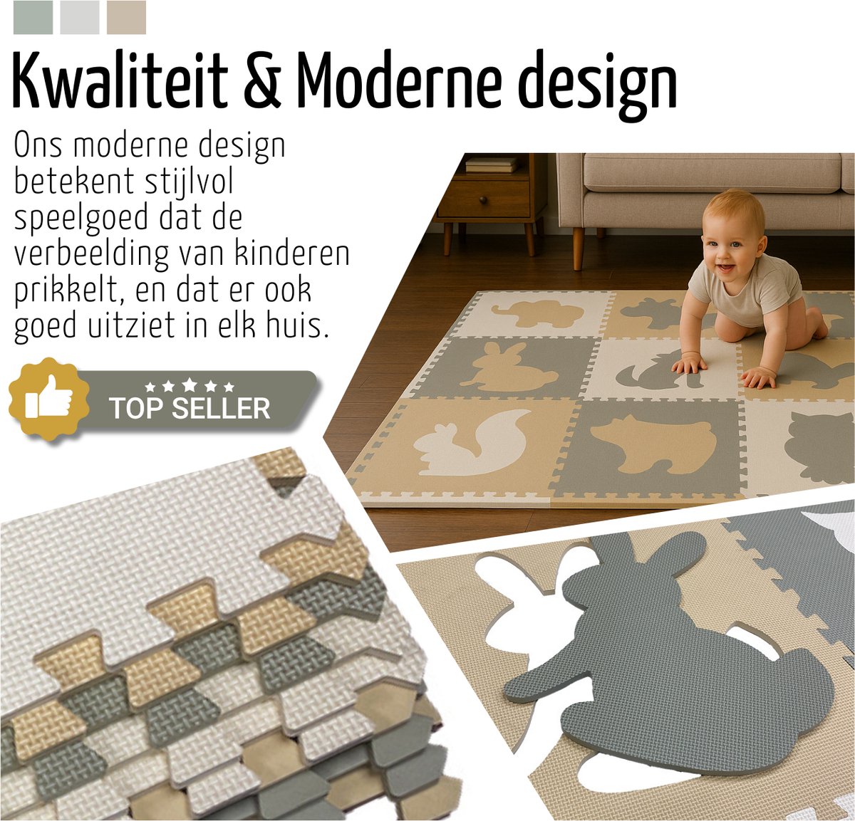Roosly Speelmat Baby - Speelkleed Baby - babygym - kruipmat - playmat - Foam vloerpuzzel 180 x 180 cm - Inclusief Opbergtas - speelgoed - Veilig & Zacht - Pastel beige & groen — afbeelding 4
