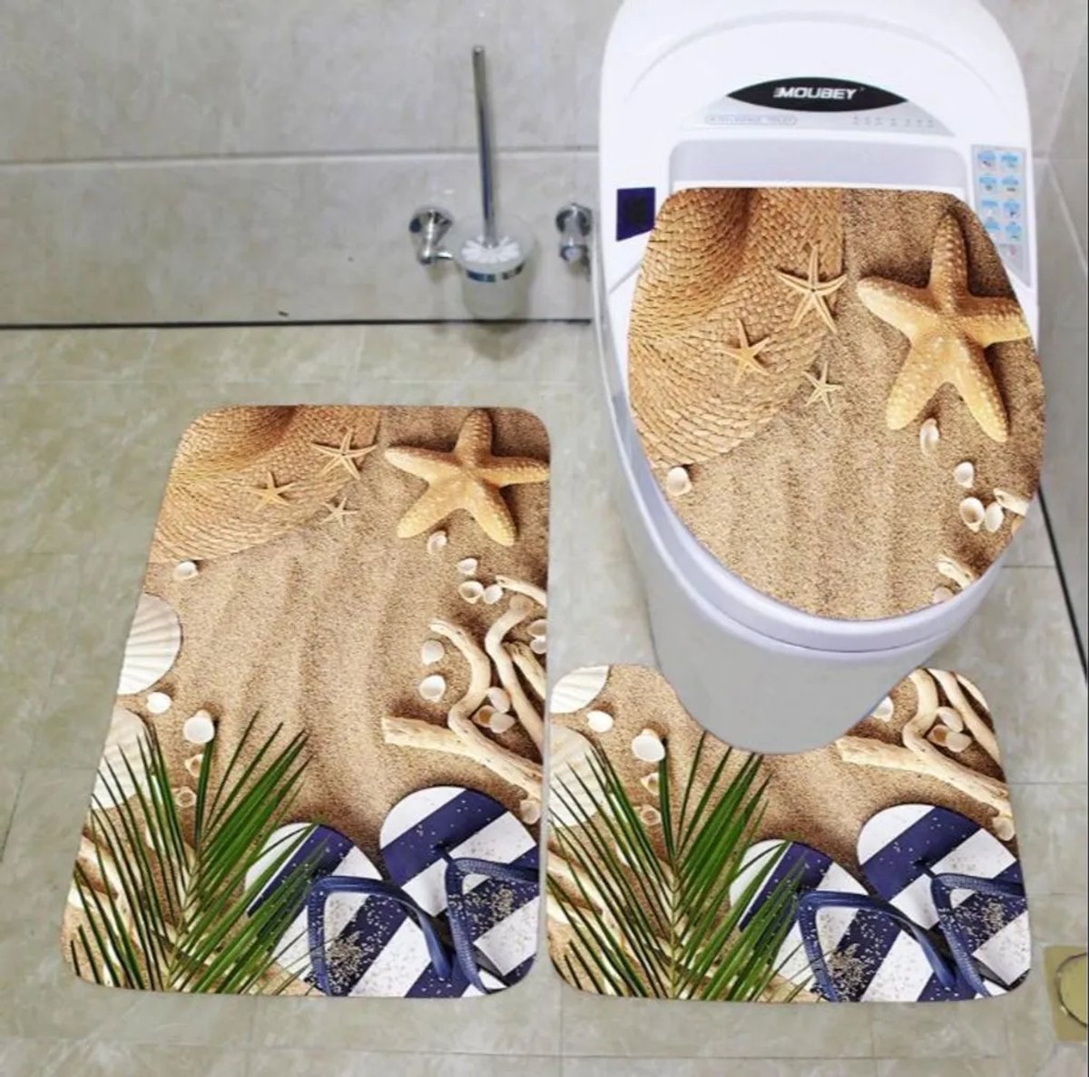 Stijlvolle badkamerset, driedelige badmattenset: badmat, badmat, toiletbril en douchemat.