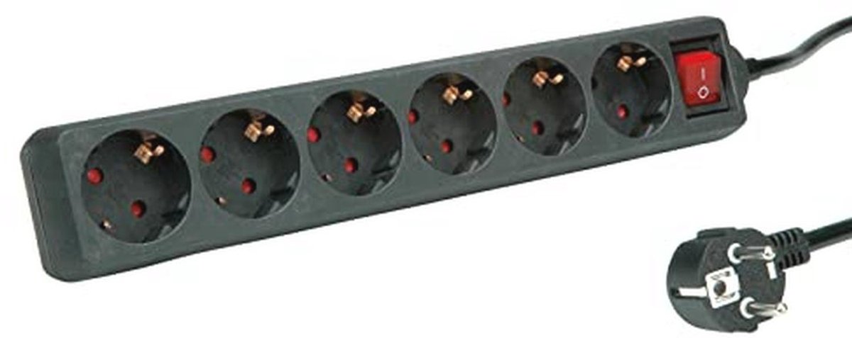 Zwarte 6-voudige contactdoos met schakelaar en 3 m kabel