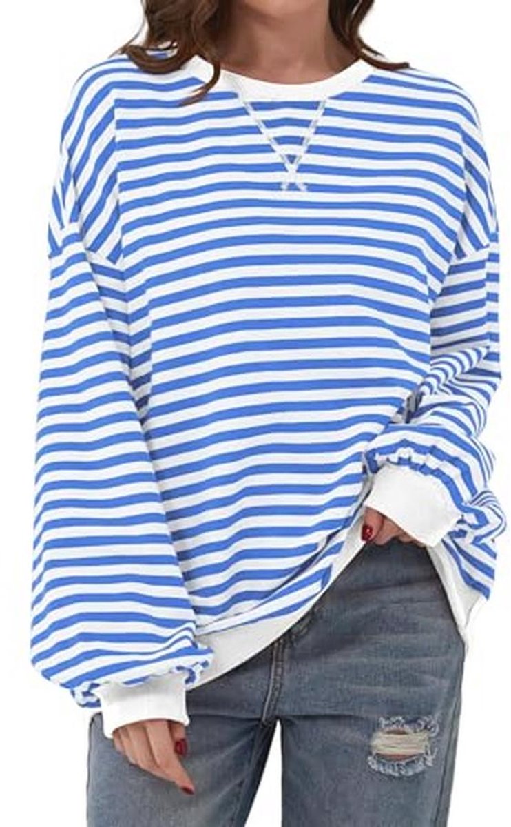 Dames Oversized Contrast Kleur Gestreepte Crew Neck Sweatshirts voor Herfst en Winter