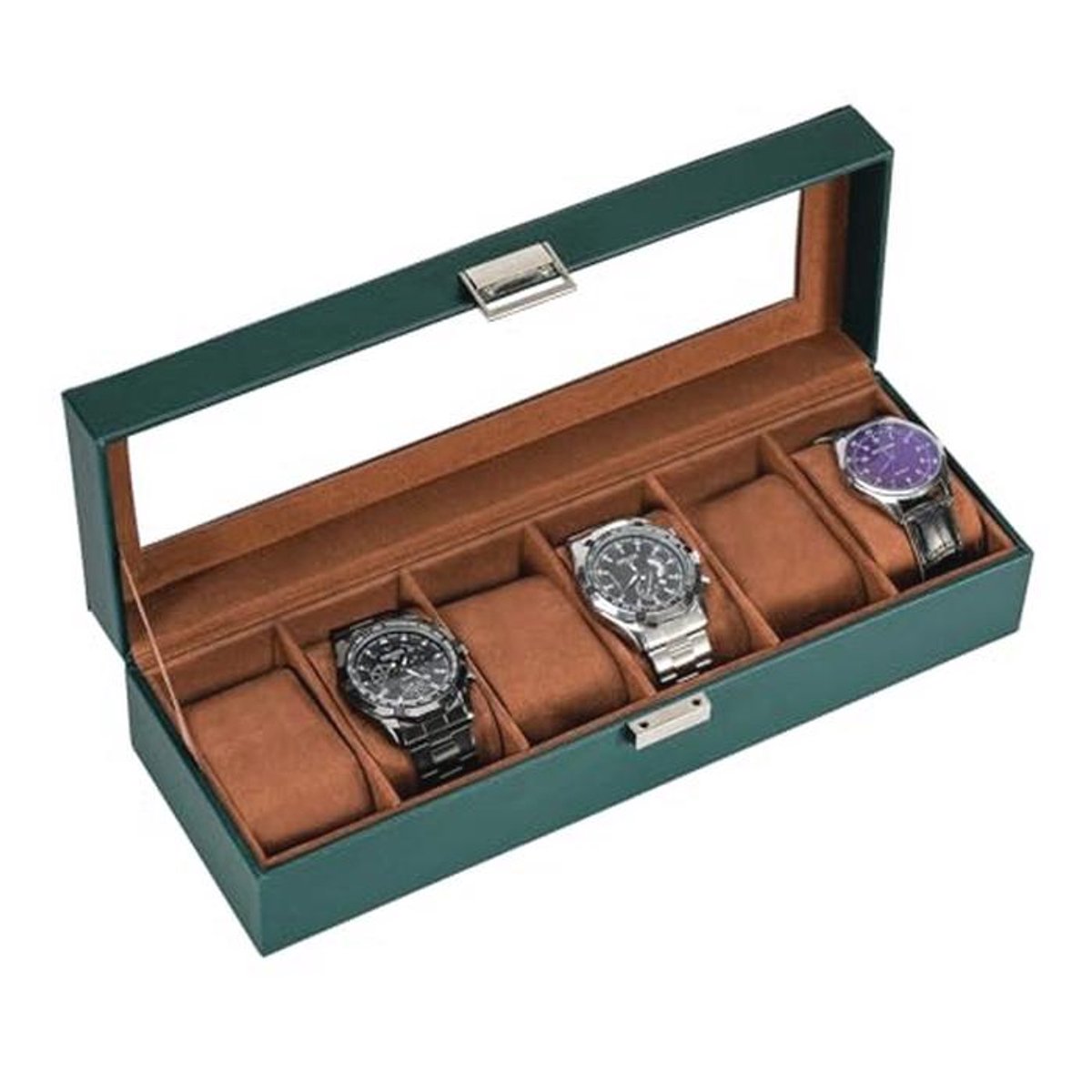 Watch box with 6 compartments and glass lid - Leather watch organizer for men and women