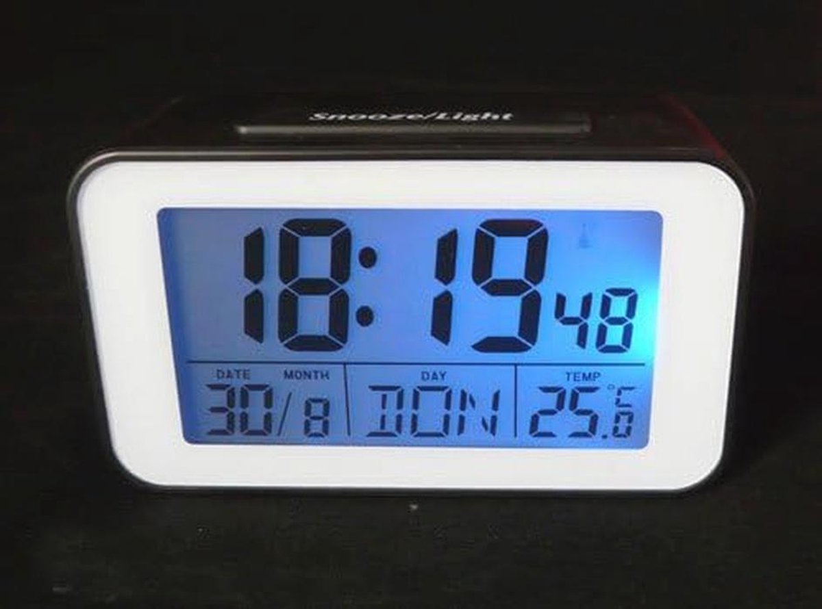 Draadloze wekker met thermometer en radio in zwart