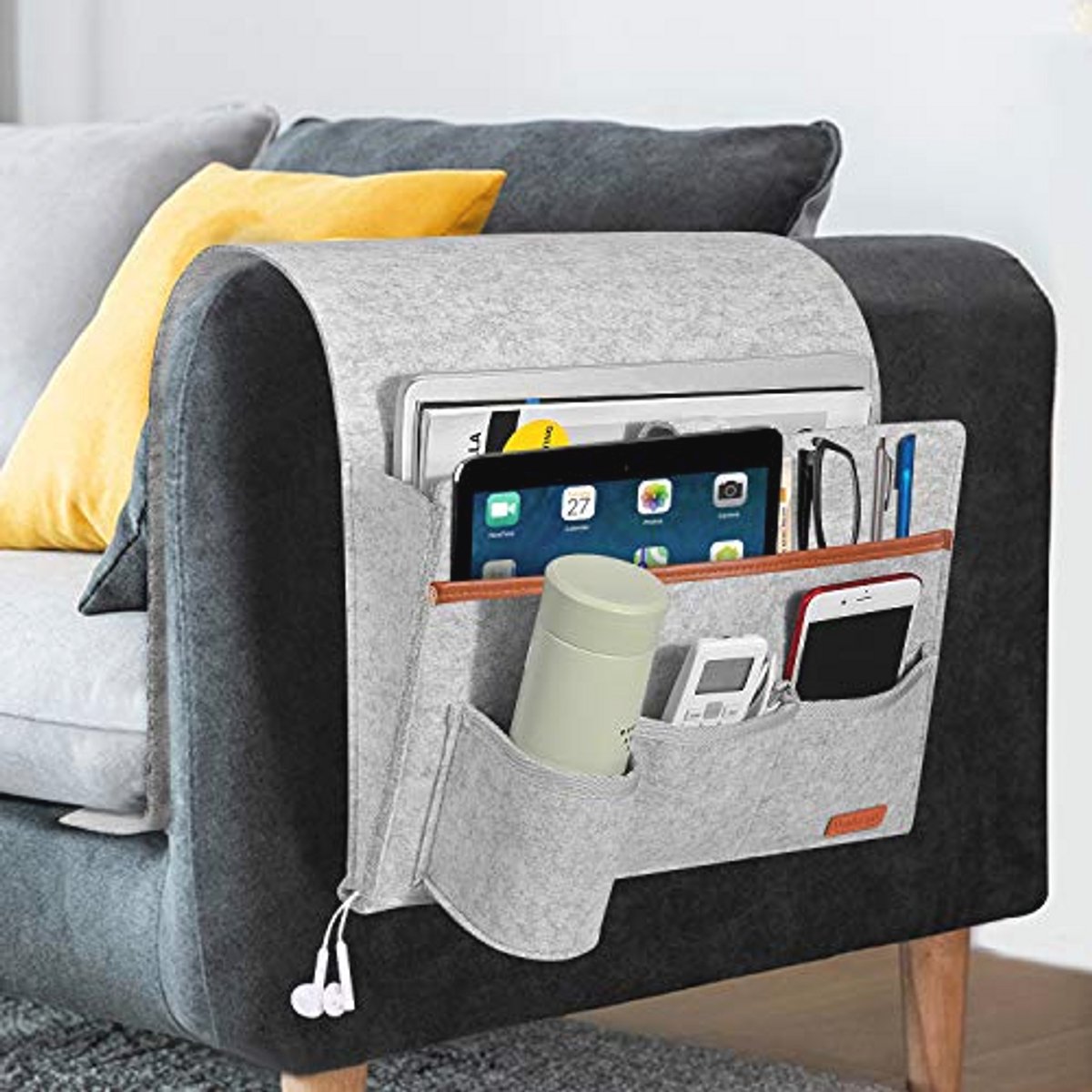 Hangende Sofa Organizer met 5 Vakken - Lichtgrijs, Multifunctionele Opbergtas voor Laptop, iPad, Boeken en Telefoon