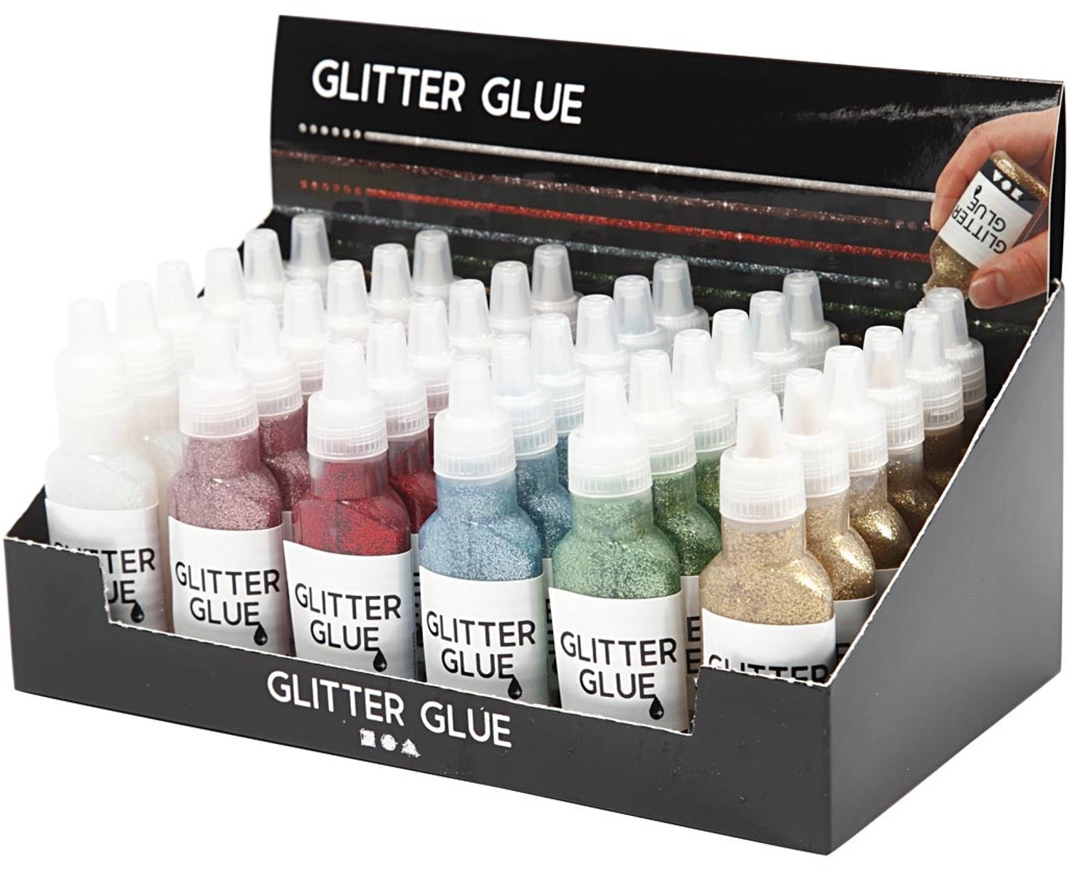 Glitterlijm, 36x25 ml, kleuren assorti