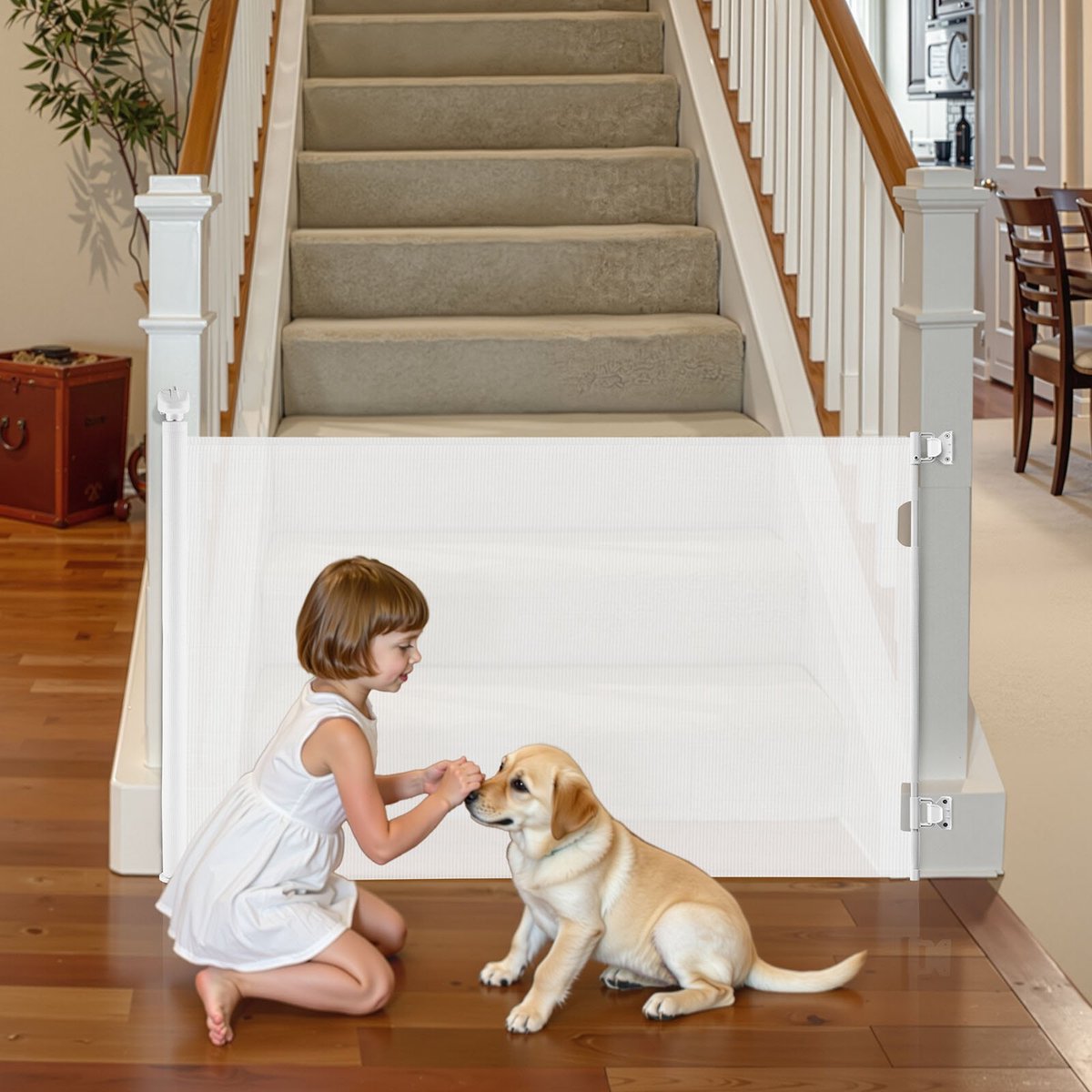 Intrekbaar Trap-/Deurhekje - Oprolbaar Veiligheidshekje - Uitschuifbaar tot 145 cm - Met Veiligheidsslot - Voor Baby's, Honden, Trappen en Gangen - Binnen en Buiten - Wit