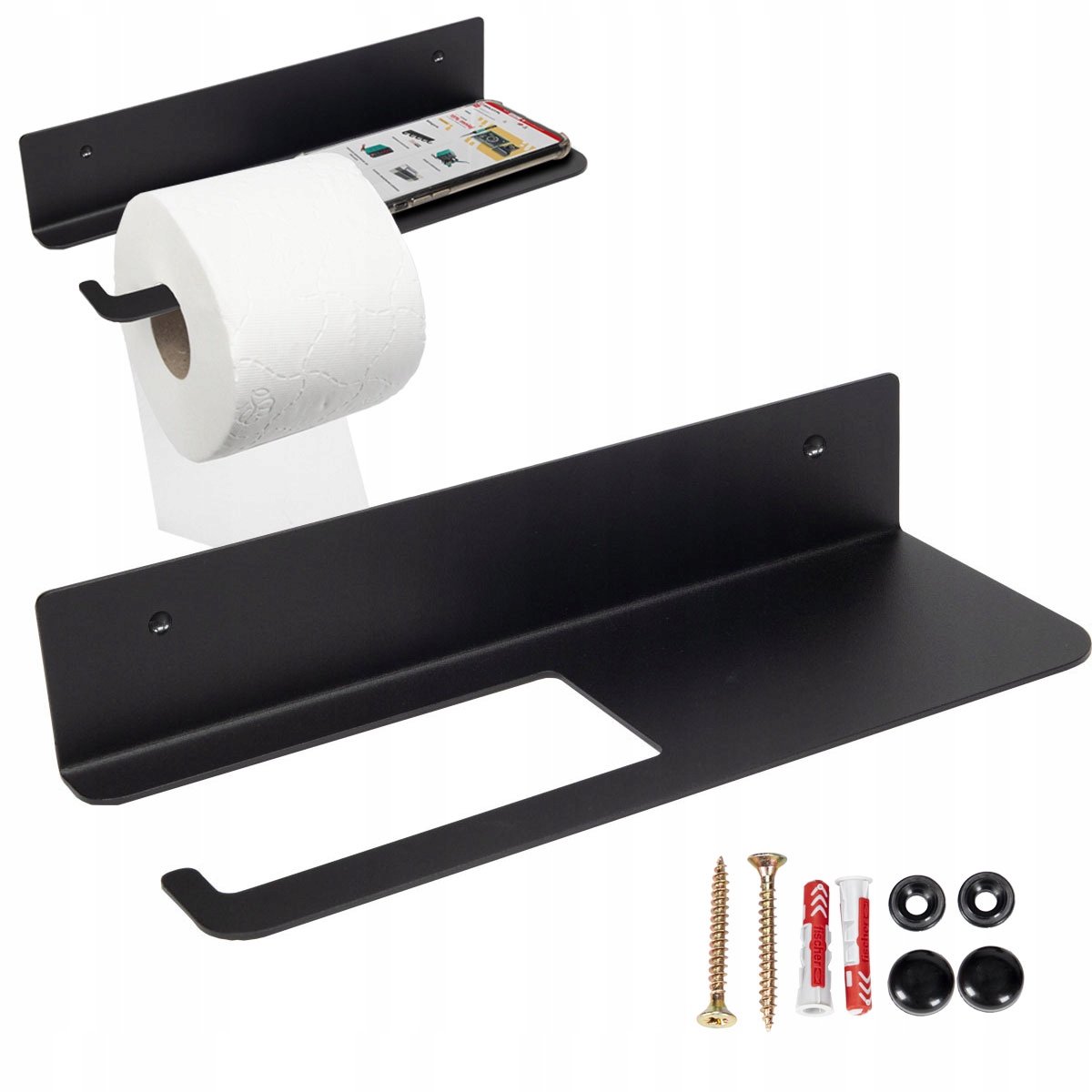 Merkloos Zwart Metalen Toiletrolhouder met Plank - Loft Design