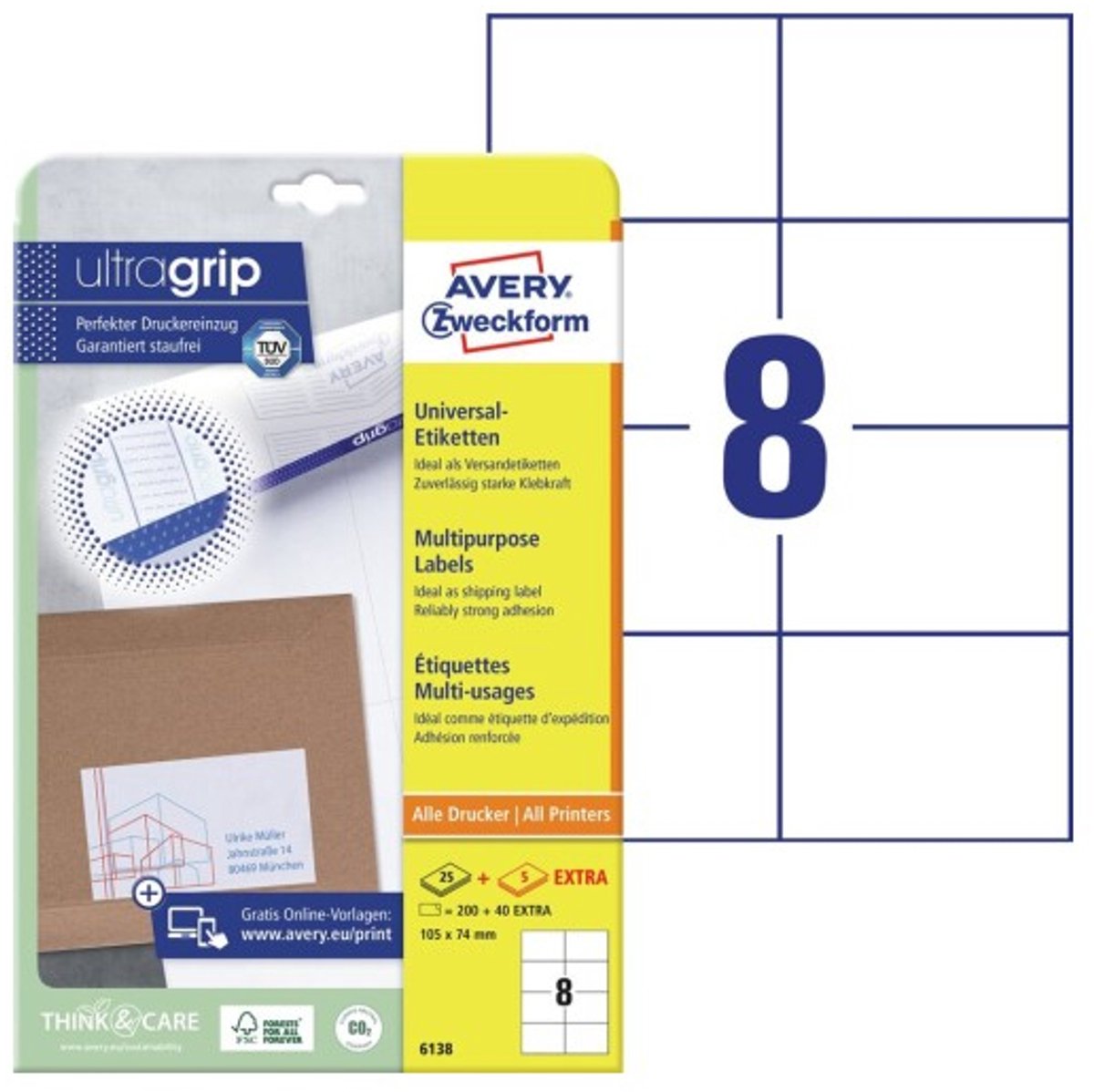 Avery 6138, Wit, Rechthoek, Permanent, A4, Universeel, Papier