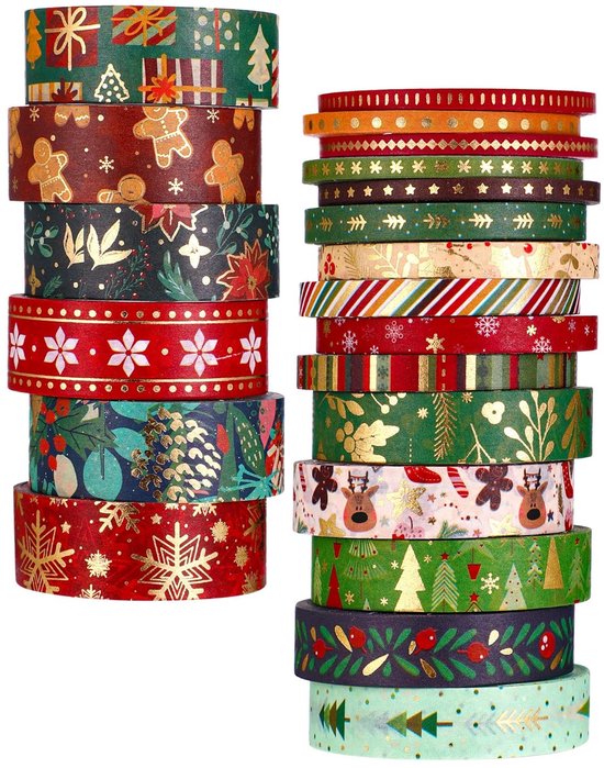 Twee stapels kerst washi tape. Patronen met gouden sneeuwvlokken, rendieren, kerstbomen, gingerbread mannen en kerststerren.