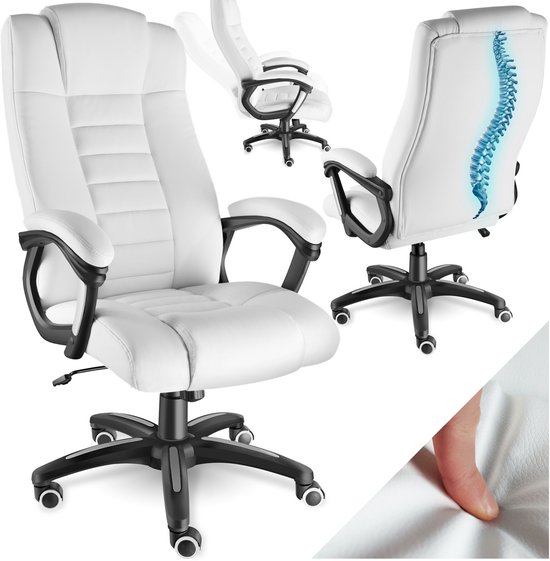 tectake® Bureaustoel - Luxe directiestoel - Draaistoel met wielen - In hoogte verstelbaar - Ergonomische computerstoel van kunstleer - Inclusief armleuningen en wipfunctie - Vulling 12 cm - Zithoogte 42-50 cm - Wit
