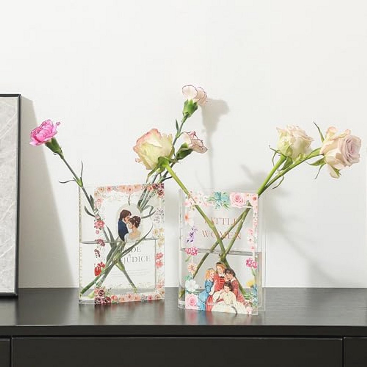 Acryl Boekvormige Vaas voor Bloemen, Transparant, Set van 2, Perfect voor Woonkamer, Kantoor en Eettafel