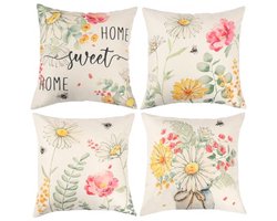 UXORSN Sierkussenhoezen voor buiten, 45 x 45 cm, set van 4 vierkante kussenslopen, pioenroos, madeliefje, bloemen, bij, decoratieve kussenslopen, linnen, bloemenprint, kussensloop voor tuin, bank,
