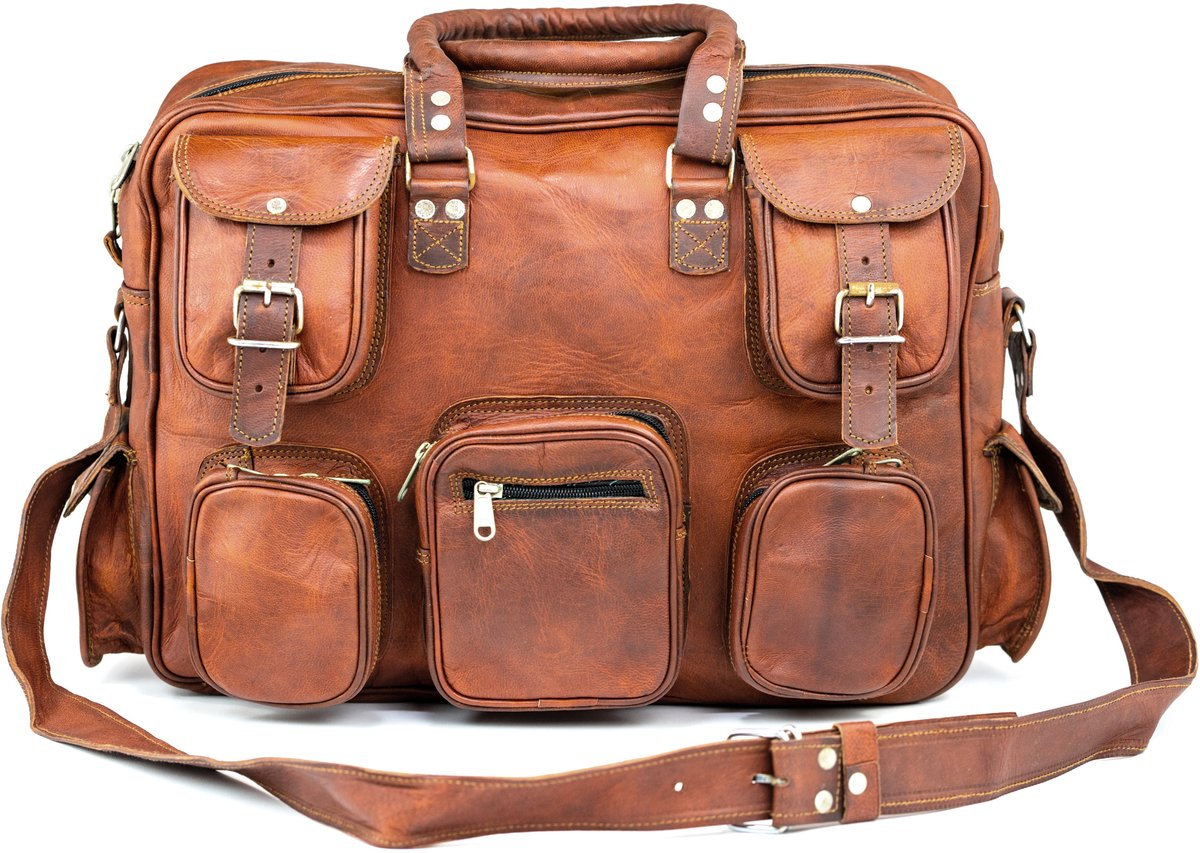 Laptoptas “Cadiz” Messengertas – Schoudertas 17,4 inch - Echt Leer - 12 vakken - Unisex Urban Vintage - Boekentas - Handgemaakt - A4 formaat – model 0083