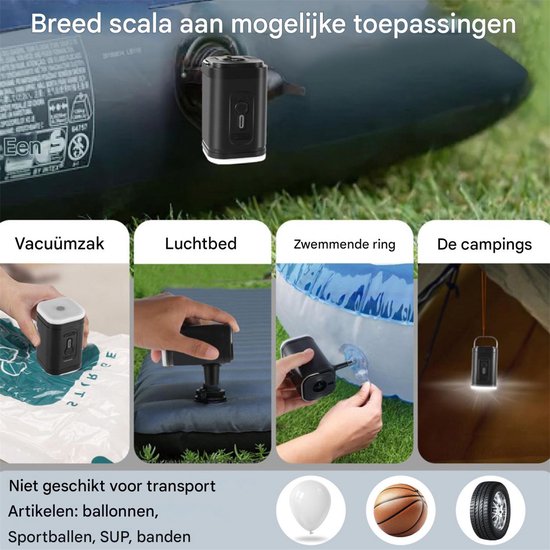 QTTVBTNA - Elektrische Opblaaspomp - 2-in-1 LED Campinglamp - 2400 mAh - Oplaadbare elektrische pomp - Voor luchtbed, opblaasbaar zwembad, zwemring, vacuüm opbergzak - Zwart - 5x5x8,3cm - 1 stuk van QTTVBTNA — afbeelding 5