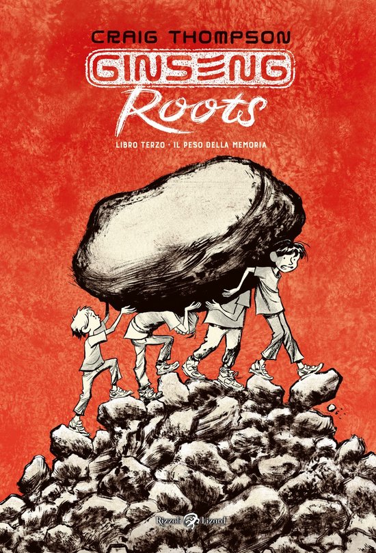 Boekomslag van 'Ginseng Roots', deel 3, met een rode achtergrond en een tekening van vier kinderen die samen een grote rots dragen.