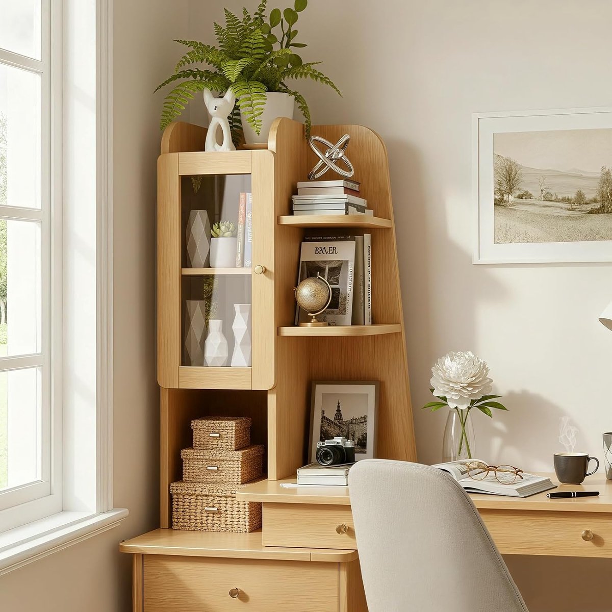 Elegant L-vormig Massief Eiken Bureau met Lades en Opbergplanken 120cm – Omkeerbaar Thuiswerk- en Studiebureau voor Home Office – Novihome