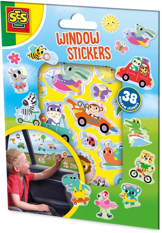 Verpakking met 38 herbruikbare raamstickers met een vakantiethema, waaronder dieren in auto's en op voertuigen.