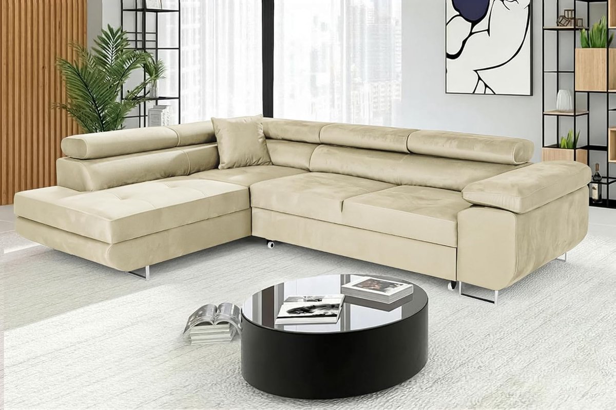 Hoekbank met Slaapfunctie L-vorm – Luxe 3-Zits Slaapbank met Bedlade & Verstelbare Hoofdsteunen – Grote Comfortabele L-Bank voor Woonkamer – Beige Velours – Linker Ottomane – Ganeey