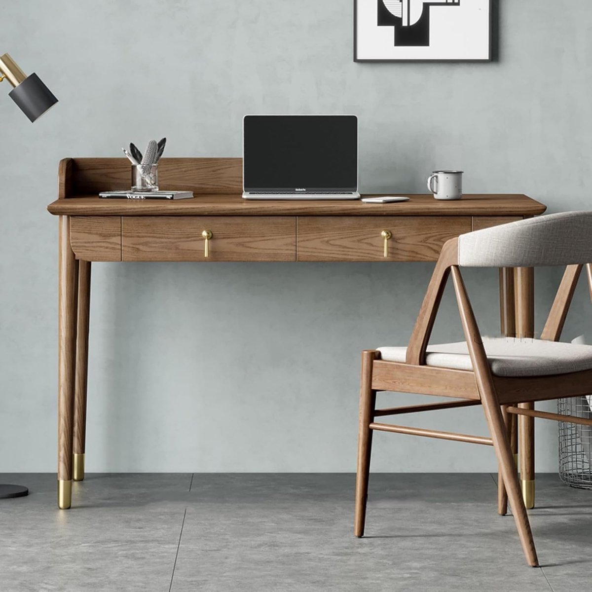 Modern Ash Houten Computertafel met 2 Lades – Thuiskantoor Bureau 1,2 m / 1,4 m voor Schrijven, Studie en Werkplek – Hoekrand Bescherming en Stijlvol Design – Novihome