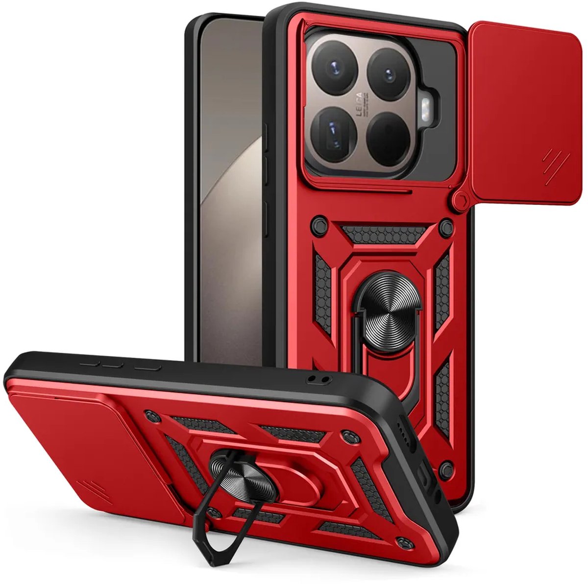 MobyDefend Hoesje - Geschikt voor Xiaomi 15T Pro - Pantsercase Met Draaibare Ring - Rood
