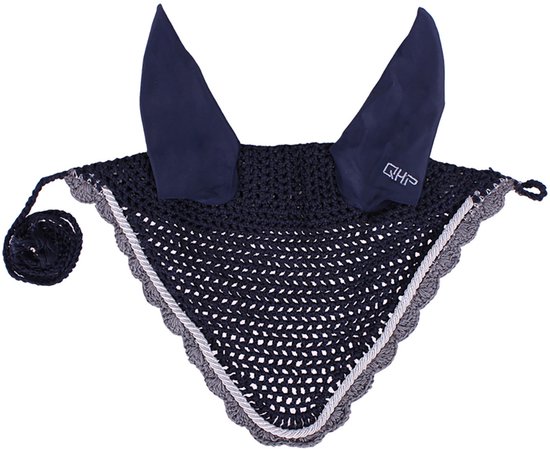 Donkerblauw oornetje met gehaakte stof, zilverkleurige bies en een strikje. De oren zijn van satijn.