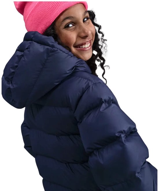 FEOYA Winterjas voor kindermeisjes, dikke warme jas met capuchon, opgeblazen overjas, winddichte buitenjas, gewatteerde jas met handschoenen 120-150, watermeloenrood, 110-120