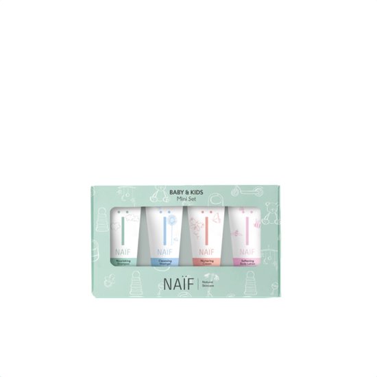 Naïf Baby & Kids mini set met vier tubes: shampoo, wasgel, crème en bodylotion.
