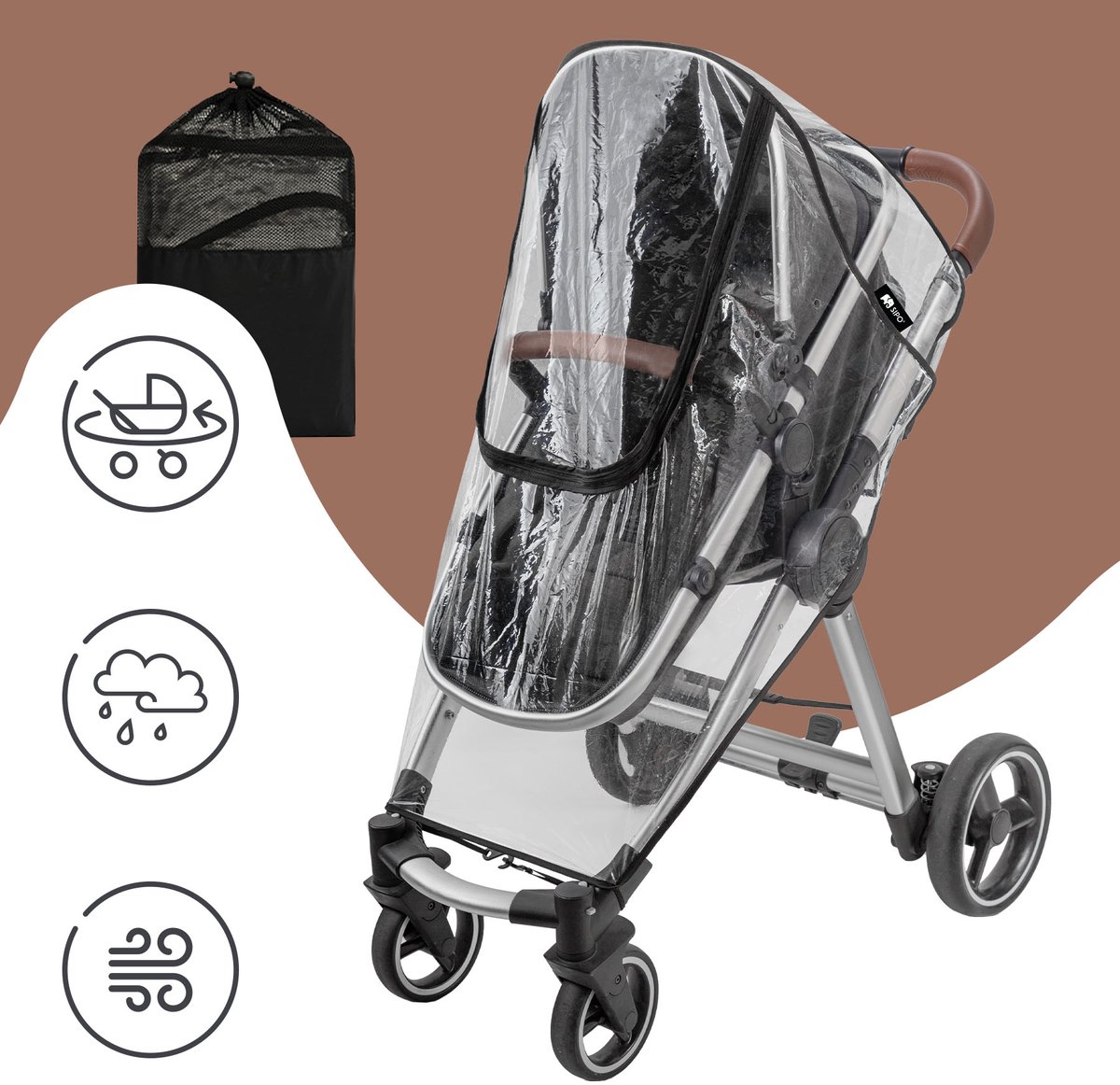 SIPO Regenhoes voor Kinderwagens - Waterdichte 3-in-1 Beschermhoes tegen Regen, Sneeuw en Wind - Transparant - Universeel Model voor de Meeste Stadsbuggy's en Wandelwagens - Windhoes Kinderwagen - Regenhoes – foto 6