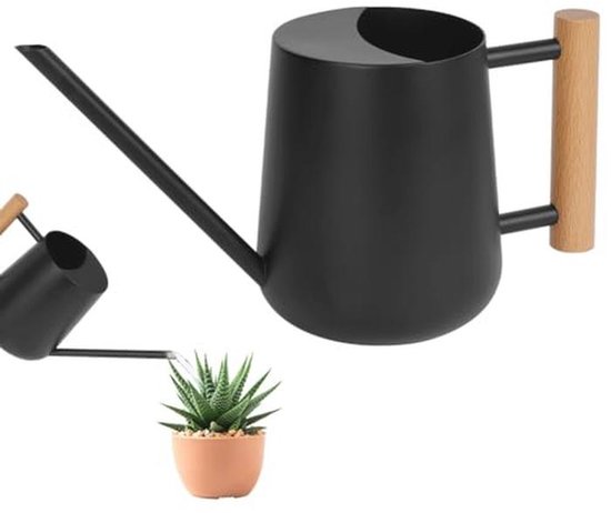 OFFCUP Roestvrijstalen Gieter 1 Liter – Met Houten Handgreep En Lange Tuit – Zwart, Voor Kamerplanten