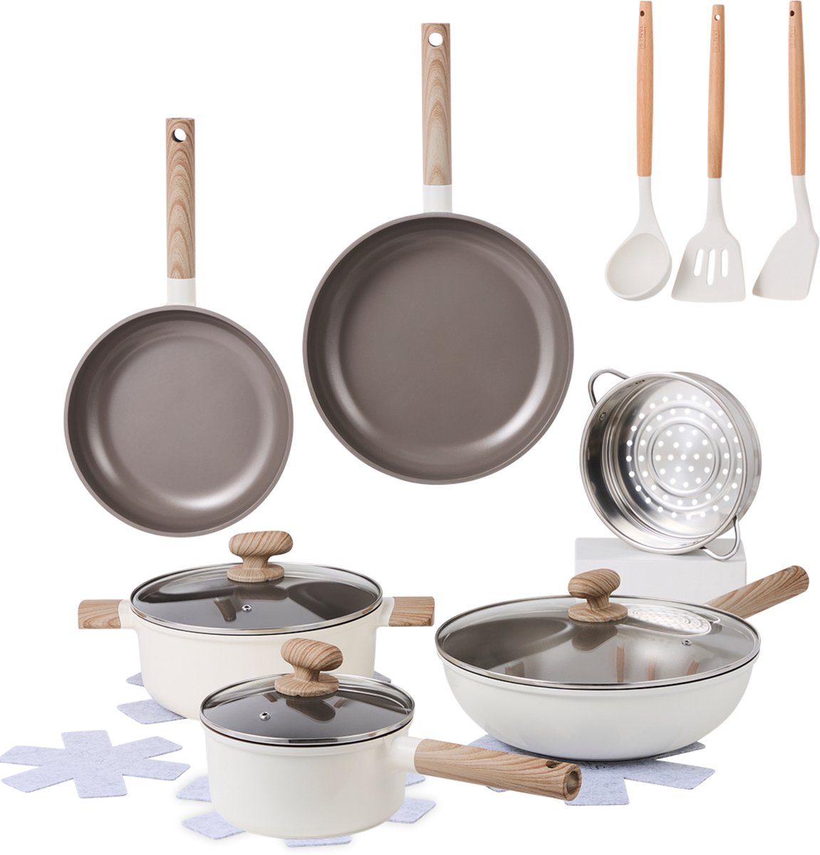 Alice by ISENVI Pannenset Inductie - Keramisch - 16 Delig - PFAS, PTFE Vrij - Alle warmtebronnen - Beige