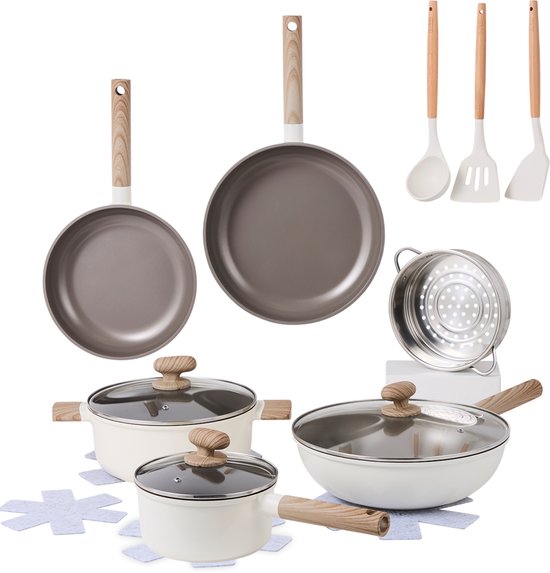 Alice by ISENVI Pannenset Inductie - Keramisch - 16 Delig - PFAS, PTFE Vrij - Alle warmtebronnen - Beige