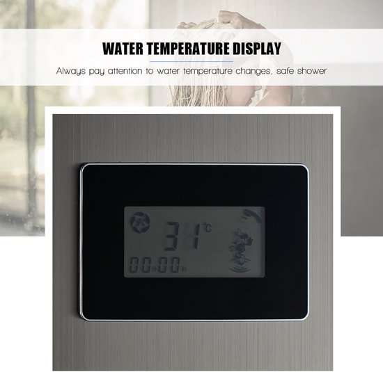 Close-up van het digitale display op een douchepaneel. Toont de watertemperatuur van 31°C en een timer.