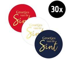 30x Sticker Groetjes Van De Sint - Kleuren Mix - Goudfolie - Sinterklaas Stickers - Sint Etiketten - Pakjesavond - Cadeau - Leuk Inpakken - Sticker - 40mm - 30 Stuks