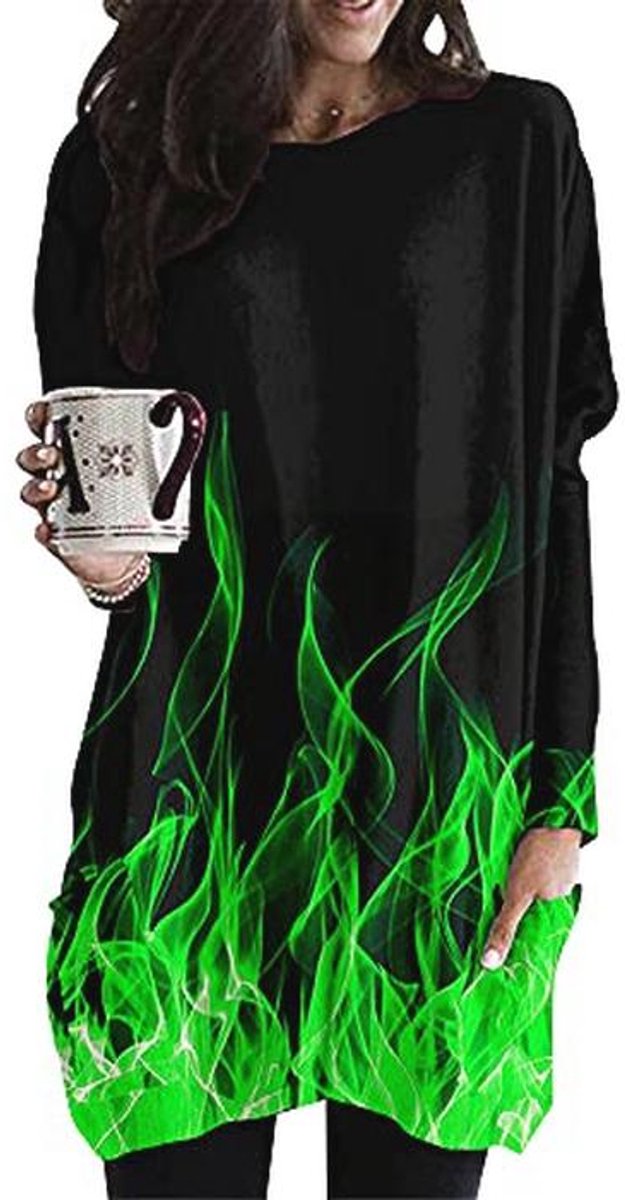 Lange Mouwen T-shirt voor Dames met 3D Vlamprint - Casual Oversized Top voor Herfst en Winter