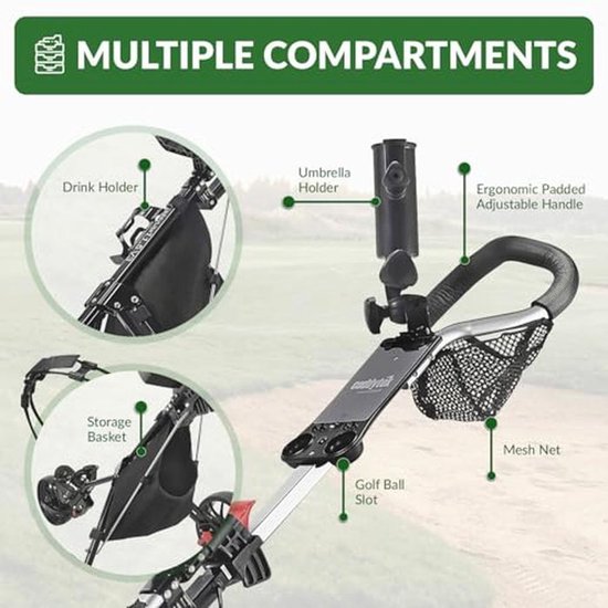 Lichtgewicht Golf Push Cart met 3 Wielen - Eenvoudig Op te Vouwen en Compact van Merkloos — afbeelding 4
