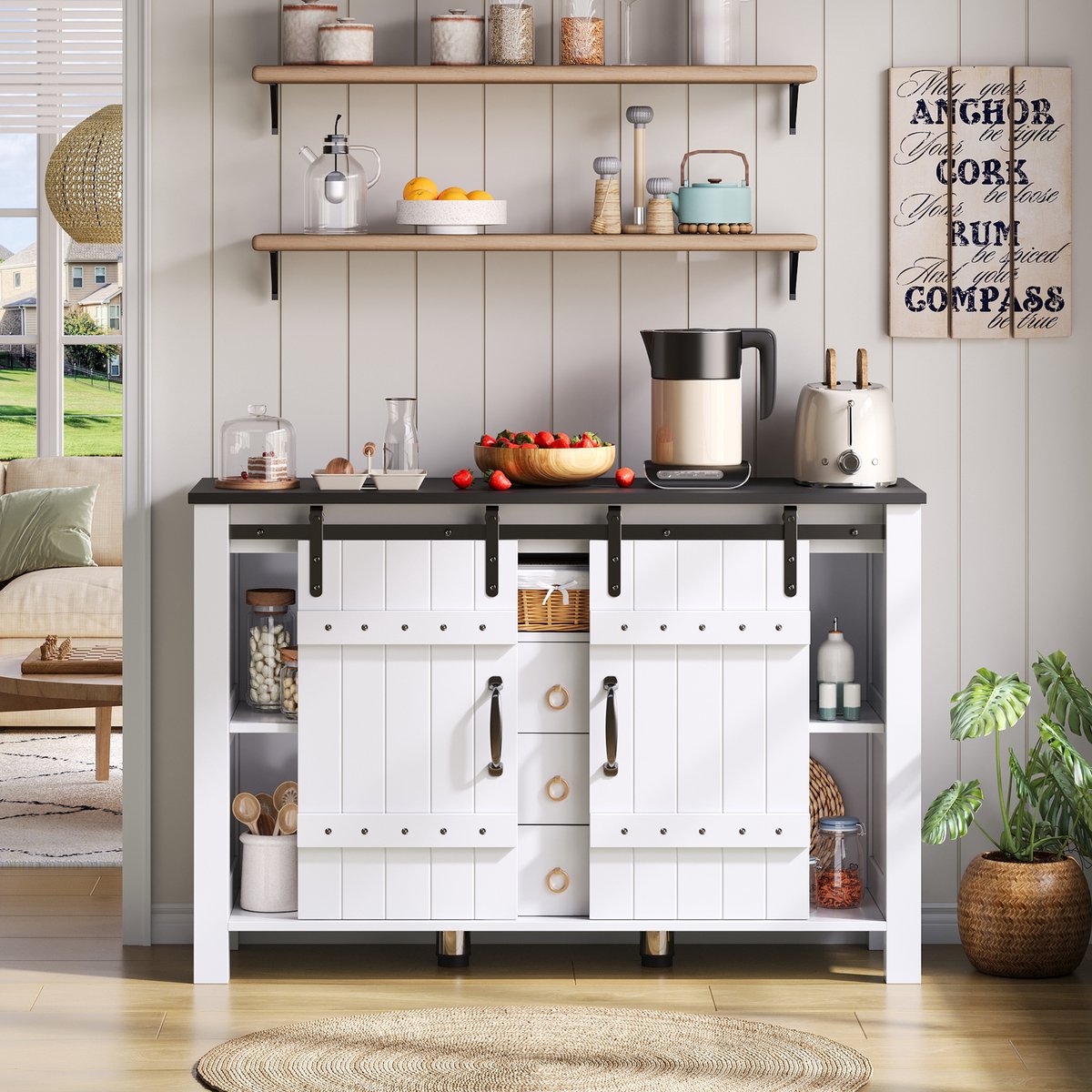 MODFU Buffetkast 120 cm, Zijdeurkast met Schuifdeuren en 3 Lades, Rustieke Houten Koffiebar Buffet Tafel, Geschikt voor Keuken, Eetkamer en Woonkamer, Wit